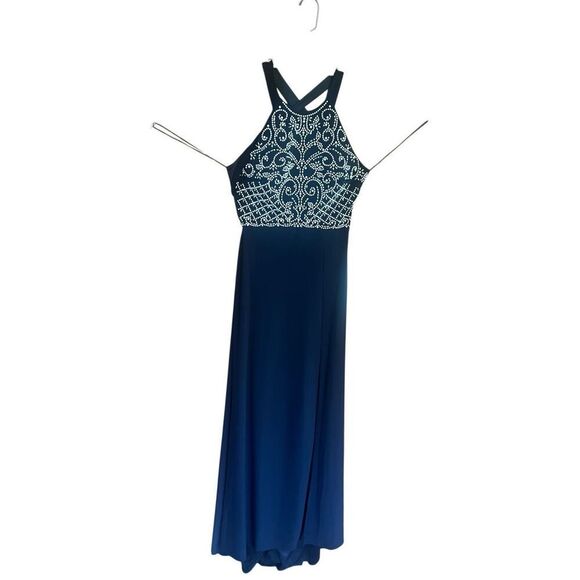 Morgan & Co Strapy Open Criss Cross Back  Maxi Gown  Dress Sz 7/8 Navy/White NWT - Picture 1 of 8